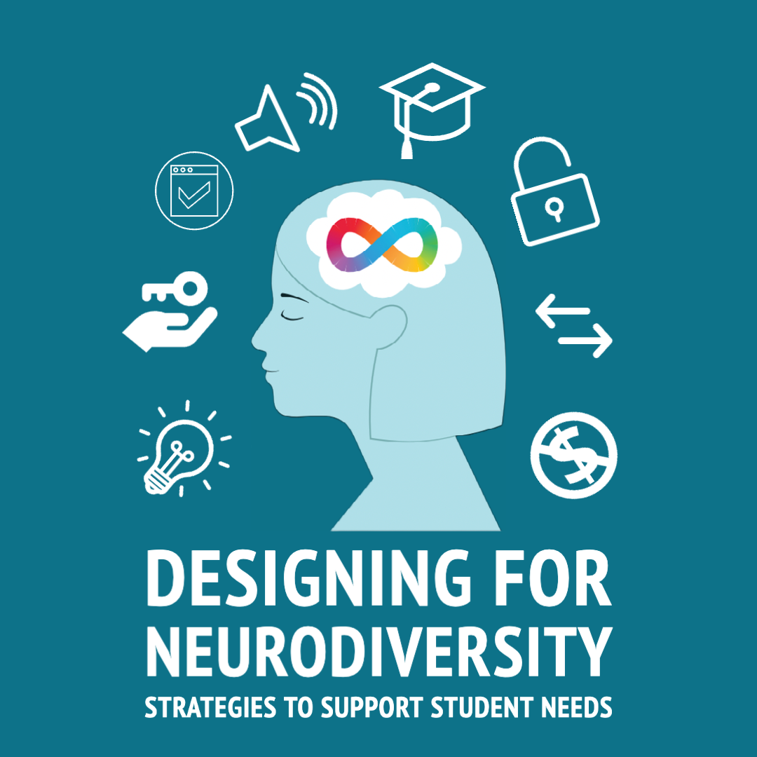 'Designing for Neurodiversity Strategies to support student needs' is the text over an image of a person's head with a rainbow infinity symbol where their brain would be. The image is surrounded with symbols for accessibility, open access, free, and education.